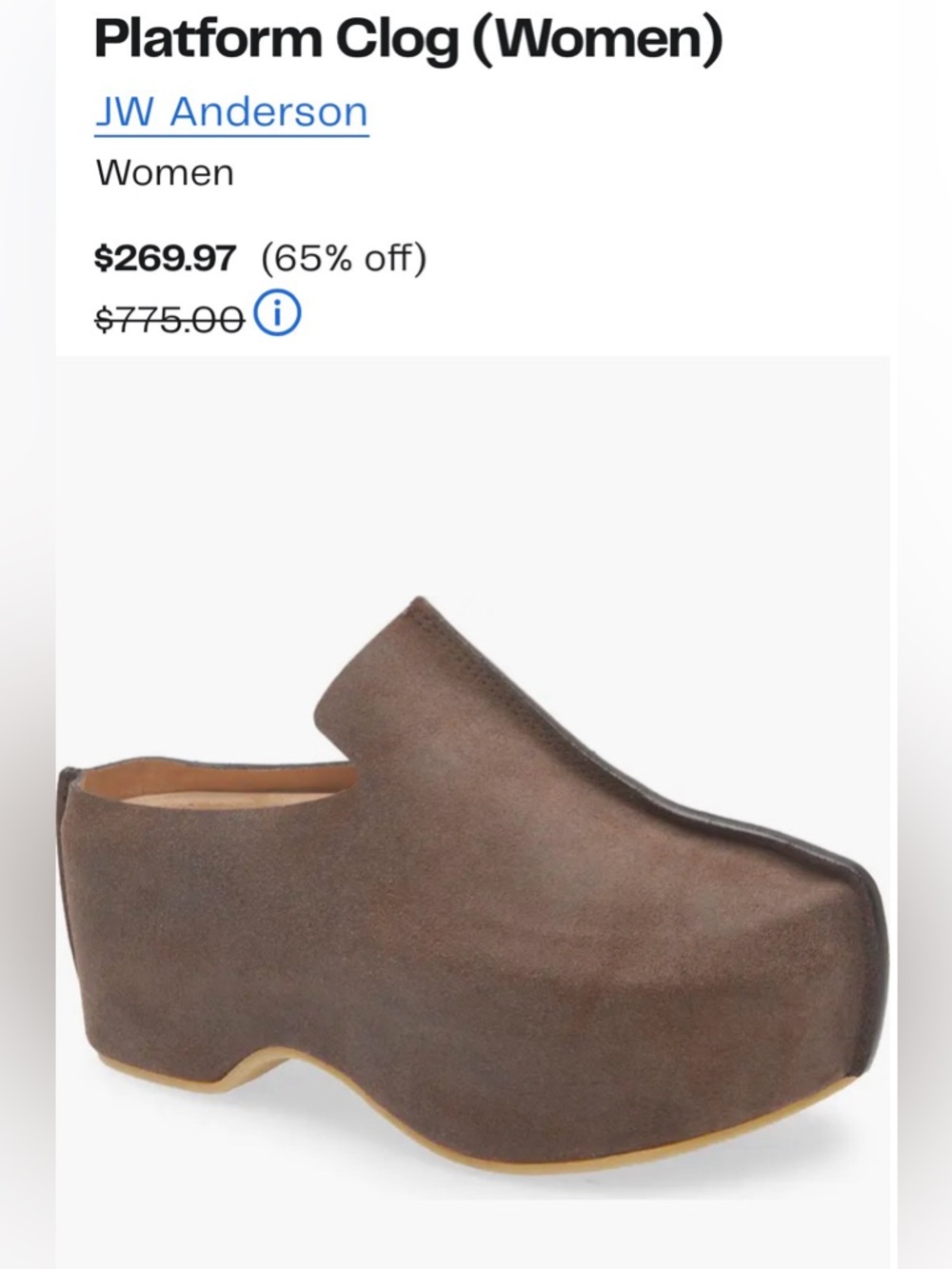 JW ANDERSON Plat form Deep Walnut Brown Suede Sculpted Platform Clog